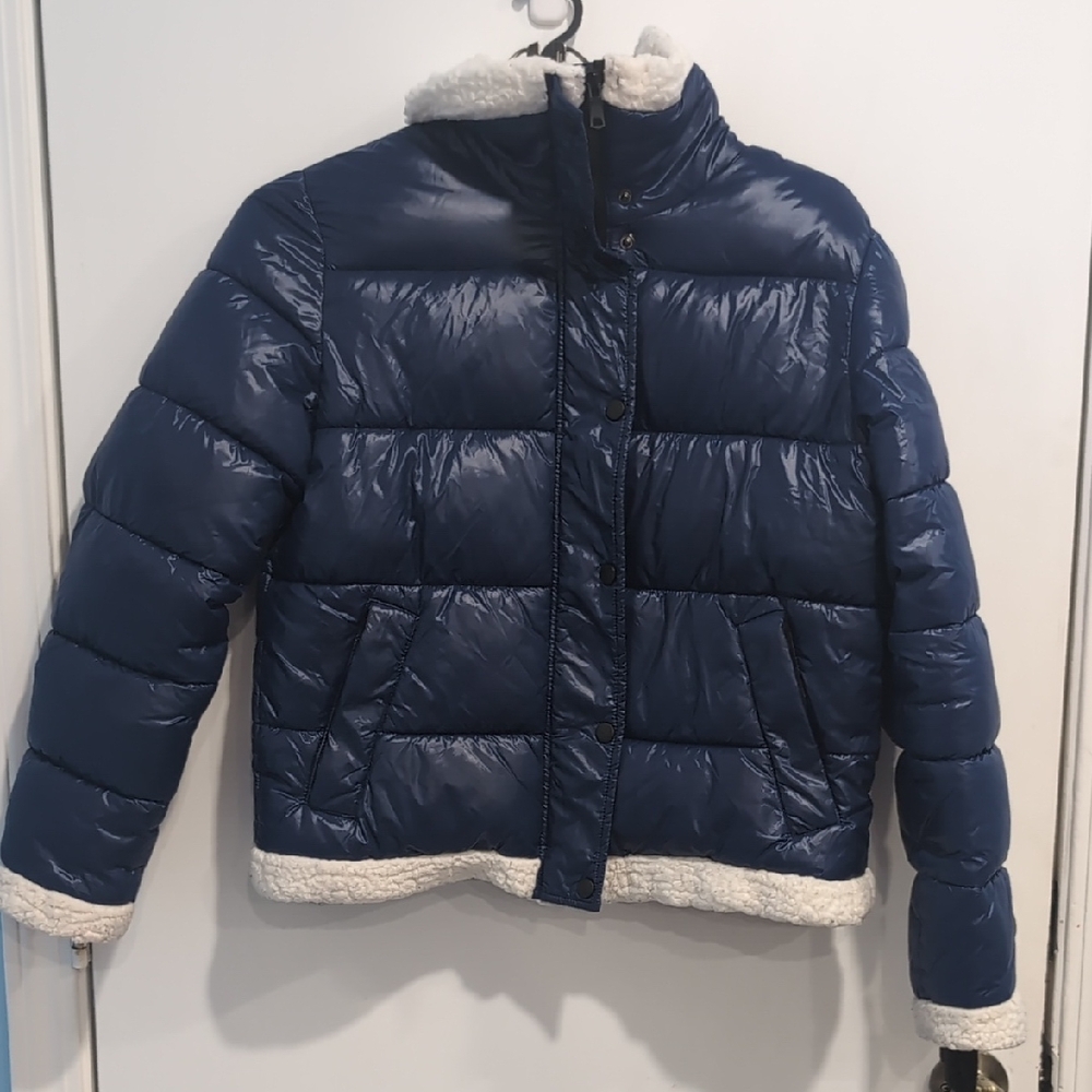 7 For All Mankind Blue Metallic Puffer Jacket Faux Shearling Fur Lined Sz Small